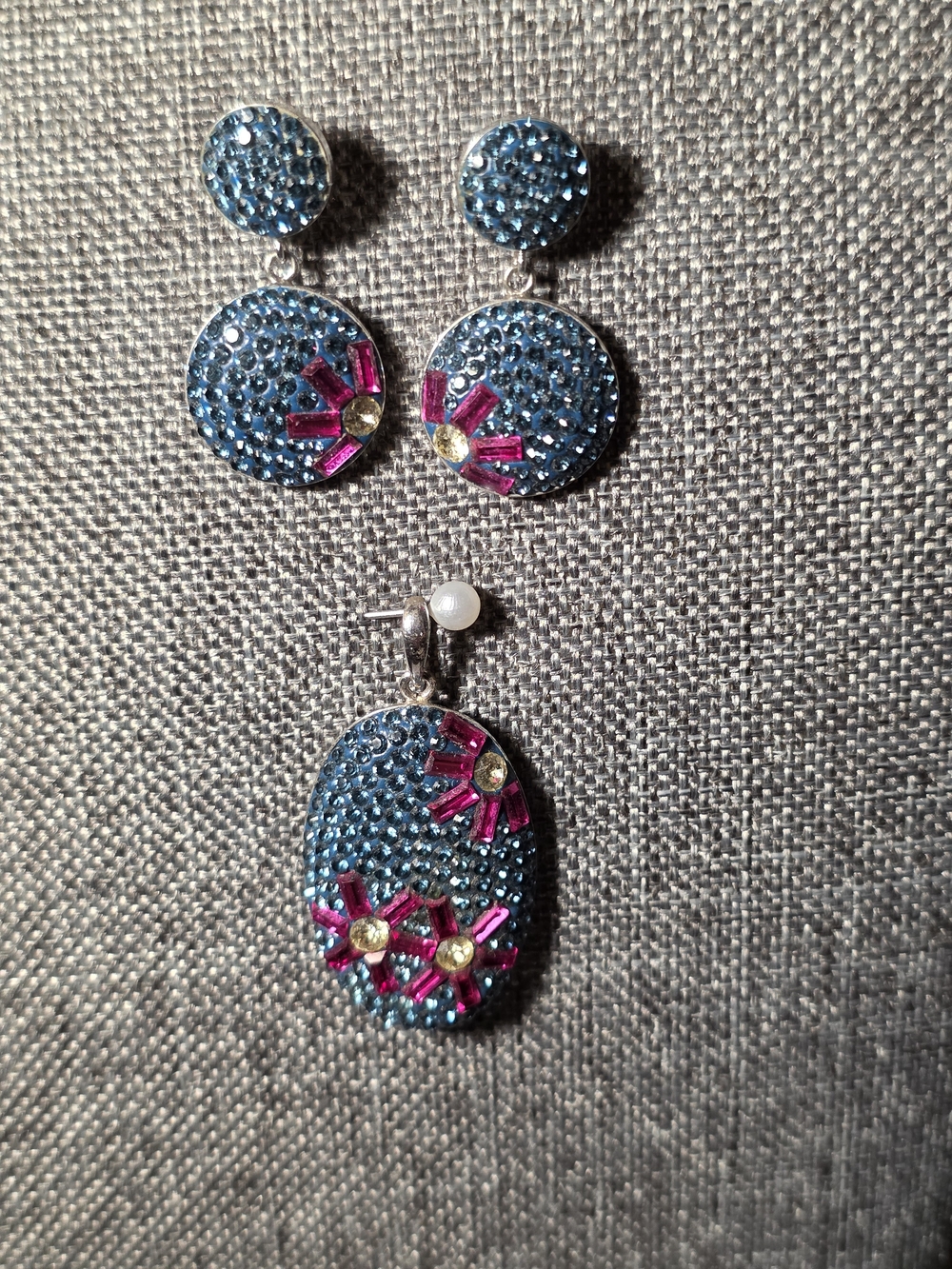 Blue Crystal Floral Pendant and Earrings Set